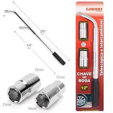 Chave de Roda Telescópica 1/2”com cabo emborrachado + 2 Soquetes Duplos 17-19 e 21-23mm Aço Inox, ferramenta automotiva.