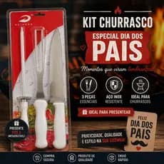Kit Churrasco 3 Peças Faca Garfo Chaira Aço Inox Cabo Branco Presente Dia dos Pais