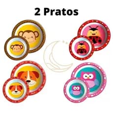 Prato Redondo Raso Bebê + Pratinho Pequeno Fundo Personagens Engraçados Prato Infantil