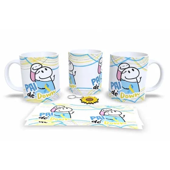 Caneca Sublimação Pai de Menina Down + Chaveiro Girassol DW1 - Sara Presentes