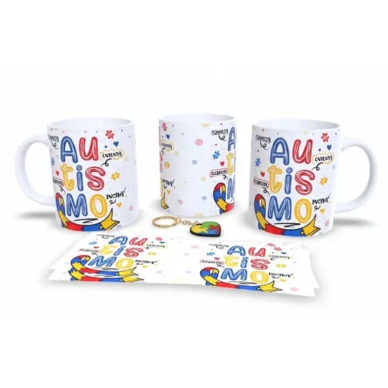 Caneca Sublimação Autista + 1 Chaveiro Emborrachado Autismo, TEA, CA5 - Sara Presentes