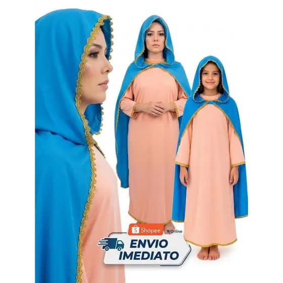 Fantasias de Santas Católicas, Contém Túnica rosa + Manto azul,  Santa Penha, Santa Vitória, Nossa Senhora Auxiliadora