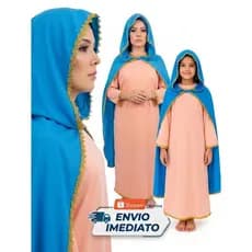 Fantasias de Santas Católicas, Contém Túnica rosa + Manto azul,  Santa Penha, Santa Vitória, Nossa Senhora Auxiliadora
