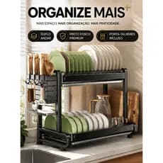 Escorredor De Louças Duplo OrganizaMais™ Pro 2 Andares Preto Fosco Organizador De Pia Porta Talheres Cozinha Moderna Alt
