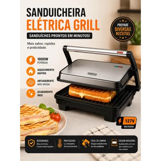 Sanduicheira Grill Elétrica 1000W Inox Alta Potência Compacta Rápida Aquecimento Fácil Limpeza