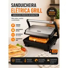 Sanduicheira Grill Elétrica 1000W Inox Alta Potência Compacta Rápida Aquecimento Fácil Limpeza
