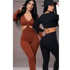 Macacão Feminino Canelado Cut-Out com Bojo Manga Longa e Decote em V | Justo Elegante Festa Casual