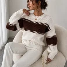 Blusa Feminina de Tricot Manga Bufante Suéter Estilosa de Inverno Frio Ombro Caido no Fang