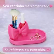 Rosa Kit Porta Joias e Pincéis Laço Organizador de Maquiagem