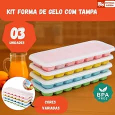 Conjunto Formas de Gelo Silicone com Tampa Rígida Flexível Fundo 14 Cubos Retangular Multiuso Lavável