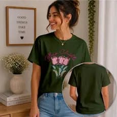 Camiseta Feminina Floral Bloom Collection 100% Algodão Estampada Tulipas Casual Manga Curta Premium