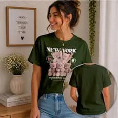 Camiseta Feminina New York Ursinhos Algodão Estampa Teddy Bear Casual Manga Curta Azul Marinho