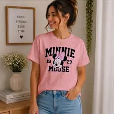 Camiseta Feminina Minnie 100% Algodão Estampa Premium Casual Manga Curta Rosa