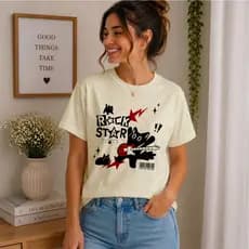 Camiseta Feminina Rock Star Gatinho 100% Algodão Estampa Divertida Casual Manga Curta Branca