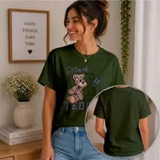 Camiseta Feminina Teddy Bear I'm OK 100% Algodão Estampa Ursinho Fofo Casual Manga Curta