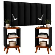 Cabeceira Cama Casal Queen 160cm Kit c/ 2 Mesa de Cabeceira Preto Freijó Off White Freijó