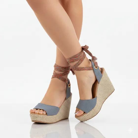 Sandália Anabela Fantine Feminina Plataforma Mega Alta 10cm Amarração - Estilo Boho - Ref S-09