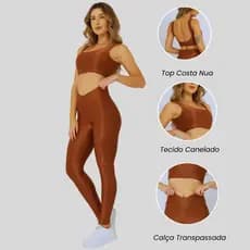 Conjunto Fitness Feminino Top Costa Nua e Calça Transpassada Canelado Academia Fitness Mayu Modas