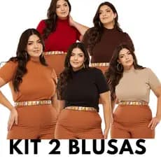 Kit 2 Blusa Lisa Gola Alta Plus Size Estilosa Malha Elegante GG