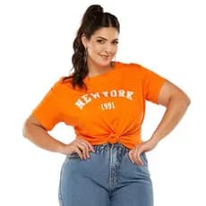 Blusa Plus Size T-shirt Moda Blogueira New York Laranja Manga Curta Verão
