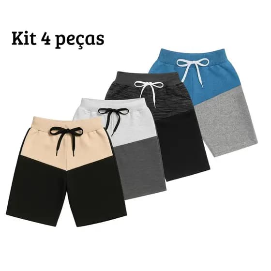 Kit 4 Bermudas Bicolor Shorts Infantil Masculina Moletinho Menino criança 02 a 12 anos