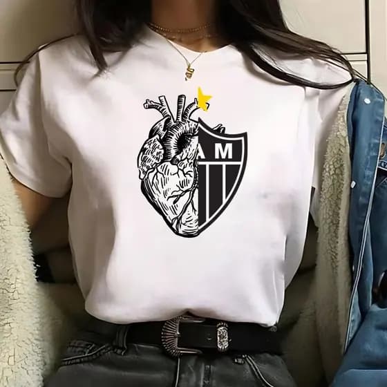 Camisa Do Atletico-MG Coraçao Alvinegro Baby Look / Camiseta Feminina Do galo Branca