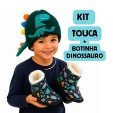 Kit Touca Dinossauro Infantil + Pantufa Botinha Forrada Menino Inverno Quentinha Antiderrapante