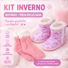 Kit Pantufa Botinha Infantil Menina + Meia Peluciada | Antiderrapante Quentinha