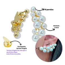 Brinco Ear Cuff Perola Feminino Luxo Dourado