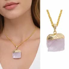 Colar Quartzo Rosa Pedra Natural Bruta Banhado a Ouro