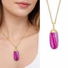 Colar Ágata Rosa Pedra Natural  Lapidada Banhado a Ouro