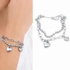 Pulseira Bracelete Feminino De Corações em Aço Inox