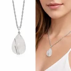 Colar Quartzo Turmalinado Pedra Natural Banhada a Prata