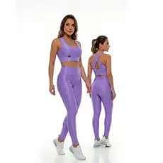 Conjunto Stretch Academia Micro Canelado Aveludado calça legging  cós alto e top redondo bojo removível Viveza Fitness
