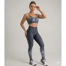 Conjunto Academia Jacquard Aninal Print Onça calça legging  e top/cropped zero transparência alta compressão