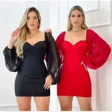 Vestido Feminino De Malha Crepe Com Manga Transparente De Tule