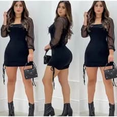 Vestido Feminino De Malha Crepe Com Rabicho Super elegante E manga Tule