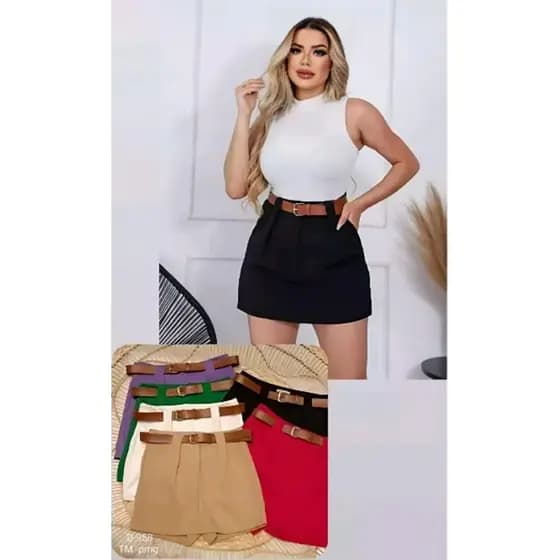 Short Saia Feminino  Alfaiataria Com Cinto De Couro