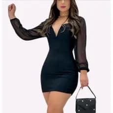 Vestido Feminino De Malha Crepe Decote V Com Mangas  De Tule Transparente
