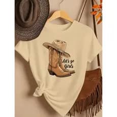 Camiseta Feminina Com Estampa de Bota e Chapéu de Cowboy 100% Algodão