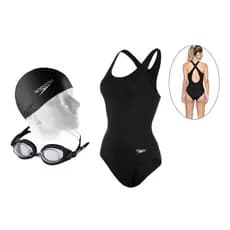 Kit Natação Speedo Maiô Cross + Óculos Freestyle Antiembaçante Proteção UV + Touca Flat Silicone