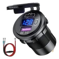 Tomada Carregador Usb Veicular Qc3.0 + Saída Tipo C Pd Botão Liga E Desliga Com Voltímetro E Chicote 12v-24v Display Led