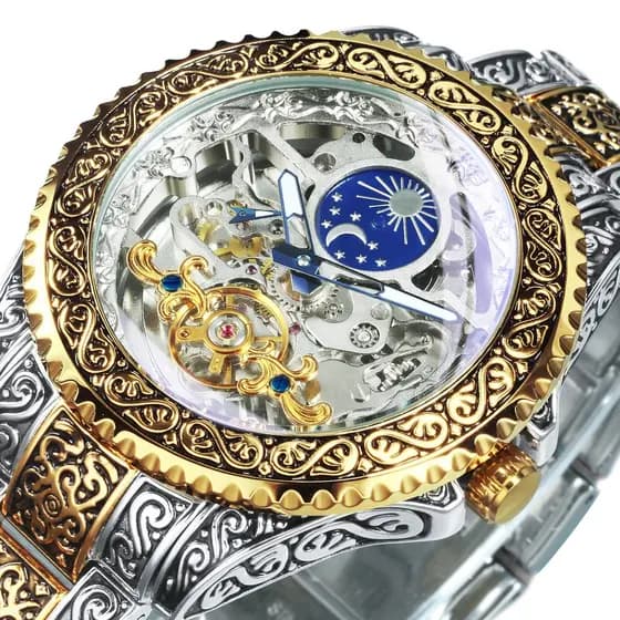 Forsining Relógio Tourbillon Automático Para Homens Esqueleto Mecânico Luxo Gravado Vintage Fase Da Lua Aço
