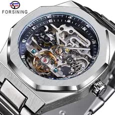 Forsining Relógio Automático Casual 3D Diamante Esqueleto Oco Relógios De Pulso Masculinos Luminosos Militares Turbilhão