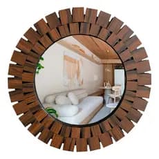 Espelho Decorativo De Parede Redondo Borda Moldura Em Madeira Rústica Para Sala Quarto 65cm