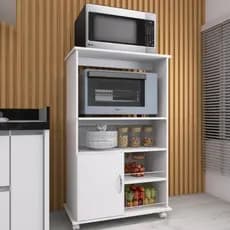 Fruteira Multiuso com Suporte para Microondas e Forno Balcão com Rodinhas e 1 Porta