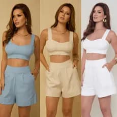 Conjunto Feminino Cropped meia taça Costas nuas de linho e Shorts confortável - 64