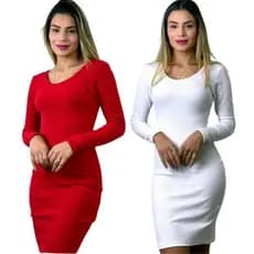 Vestido Feminino Manga Longa Canelado Justo