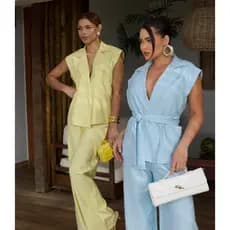 Conjunto Feminino calça pantalona blusa tipo kimono com amarração na cintura  - 80