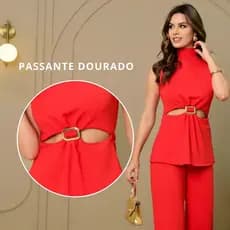Conjunto Feminino Blusa Gola Alta + Calça Flare Pantalona Conjunto Feminino Elegante Detalhe Dourado